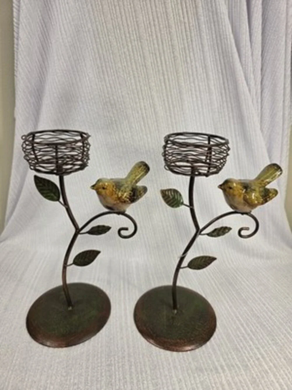 Set of 2 Metal & Glass Bird Votive Candle Holders Rustic Antique look 11in